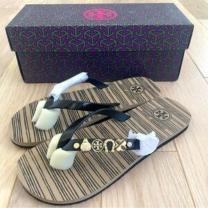 Tory Burch Kiley Flip Flop Patent Safiano Leather Gold Charms